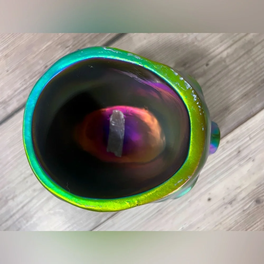 NWT Iridescent Oil Slick Skull Skeleton Makeup Brush Holder Candy Dish Halloween